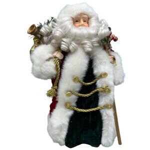 Christmas Santa tree topper staff gold bag of toys red faux white fur bell READ
